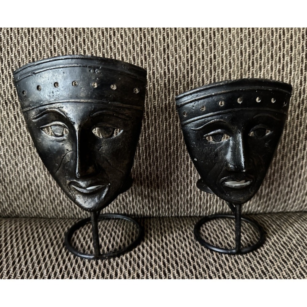 Vintage Style Cast Iron Tribal Face Mask Votive Candle Holders Set Rustic Decor